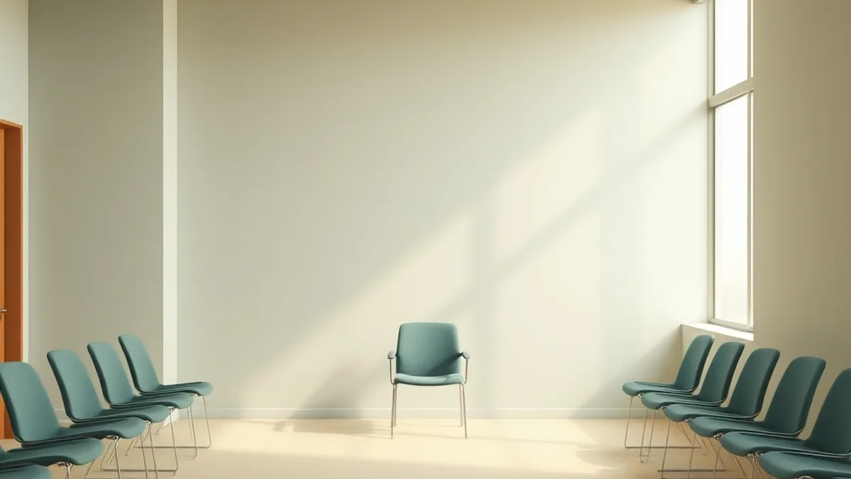 Bureau ordonné sous une lumière froide, chaise vide, ambiance professionnelle sobre