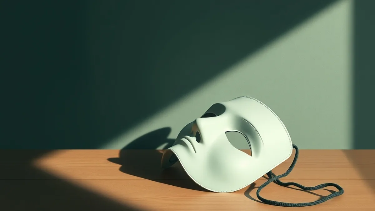 Masque de théâtre posé, lumière tamisée, ambiance introspective