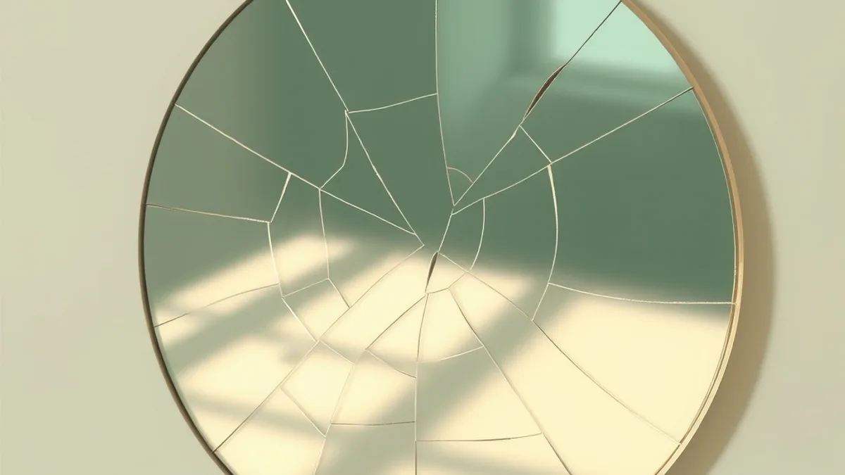 Masque lisse posé devant une surface fissurée, éclairage doux et symbolique
