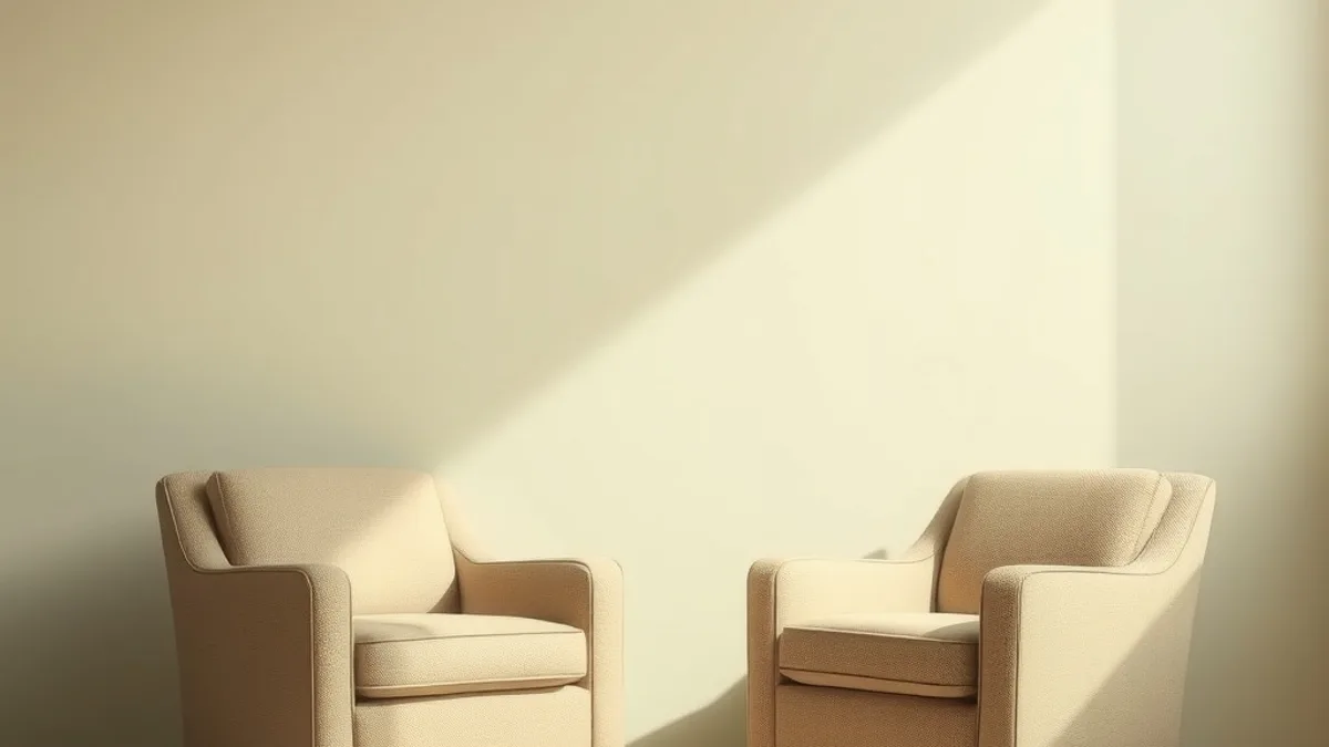 Deux fauteuils face à face dans une pièce lumineuse et apaisante, évoquant un espace d'écoute